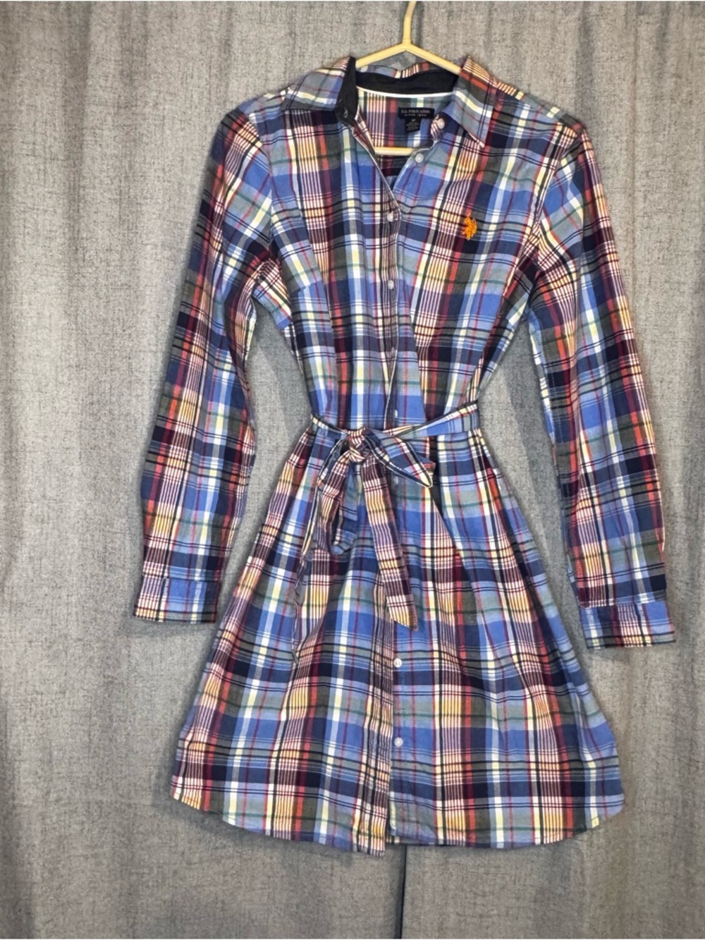 U.S. Polo Assn Plaid Shirt Dress M Blue Red Yellow Belted Button Front NWOT - Picture 3 of 12